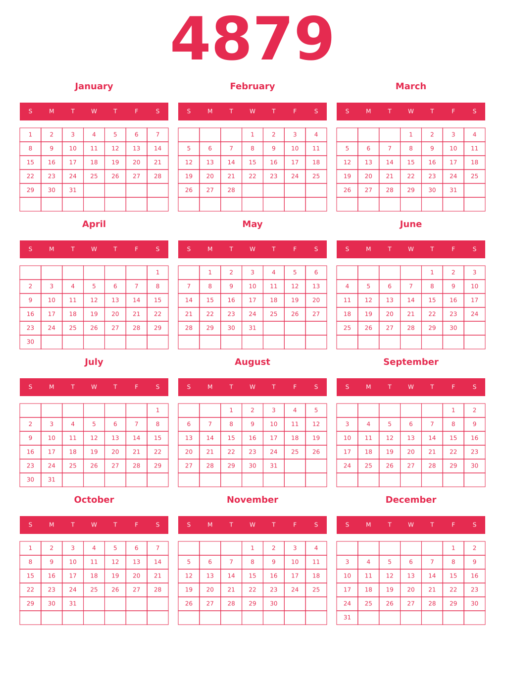 Printable 4879 Year Calendars amaranth