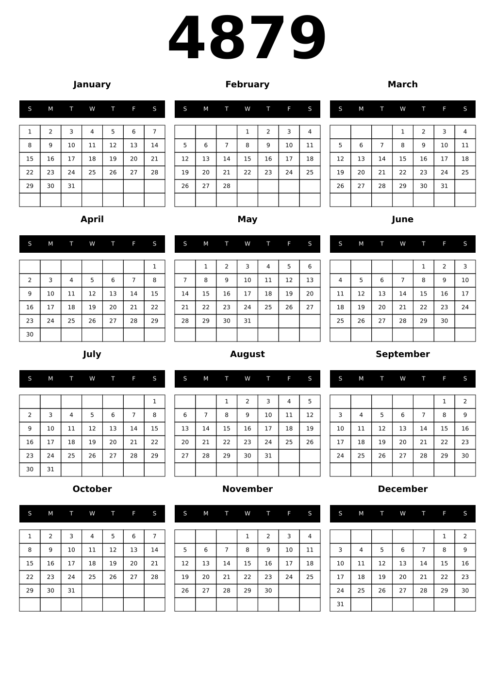 Printable 4879 Year Calendars black