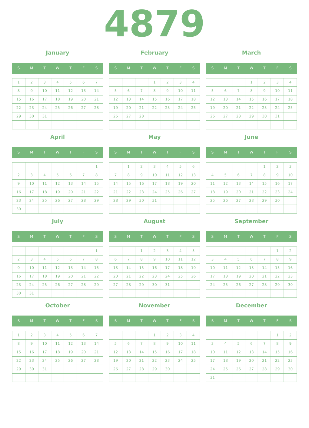 Printable 4879 Year Calendars celadon