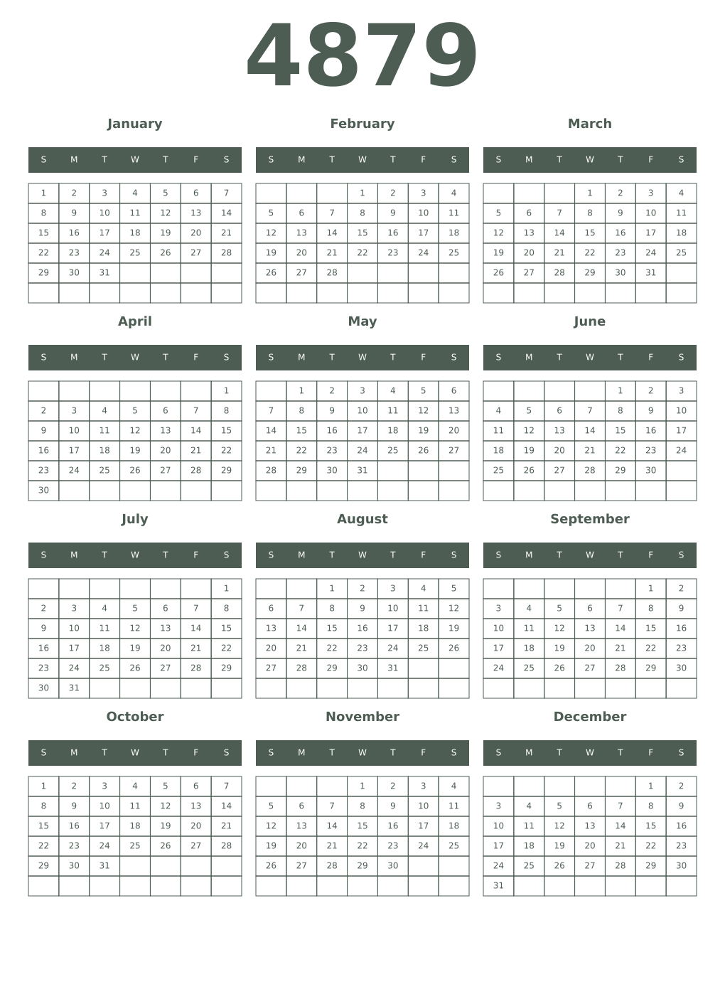 Printable 4879 Year Calendars feldgrau