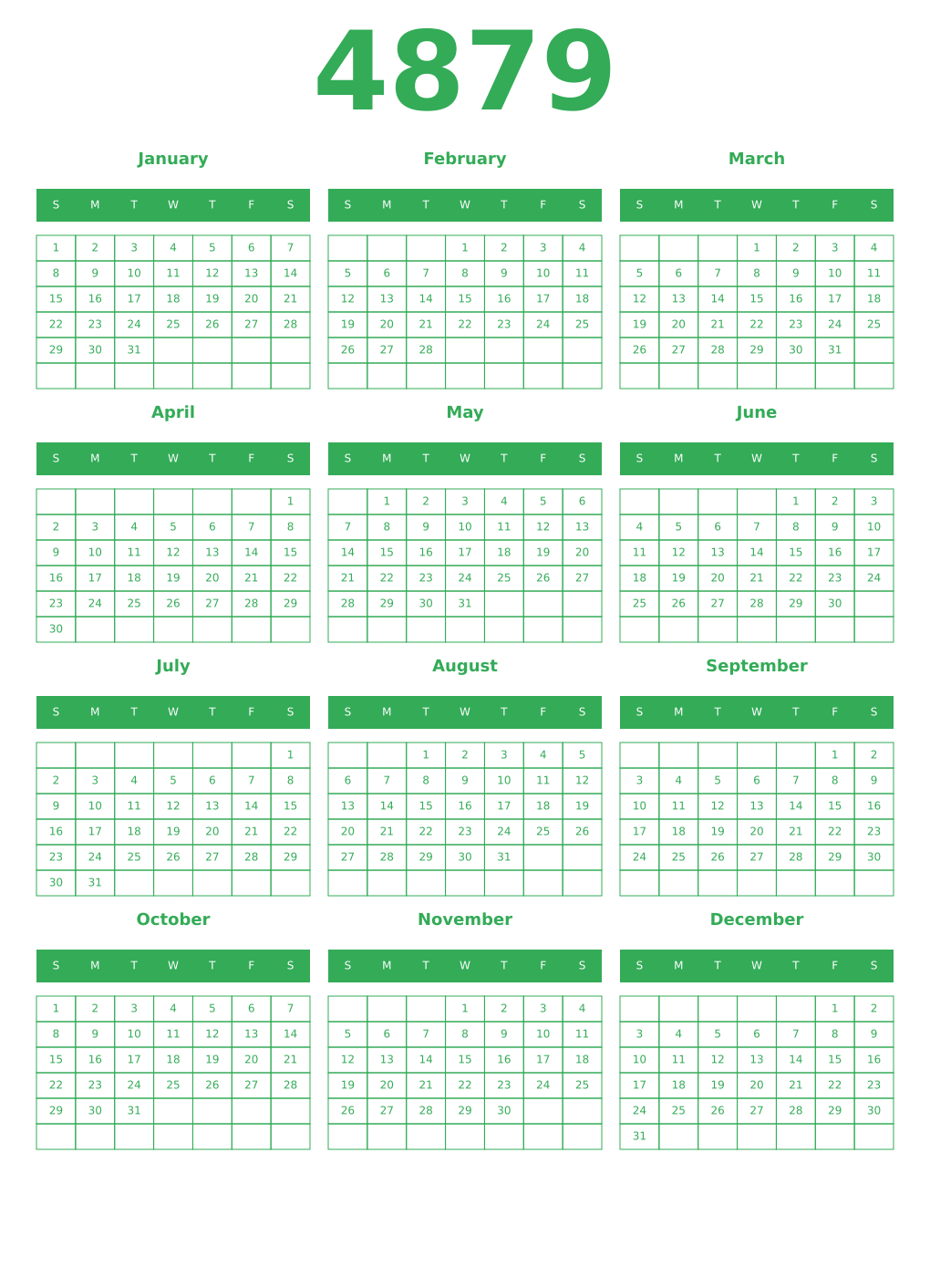 Printable 4879 Year Calendars green