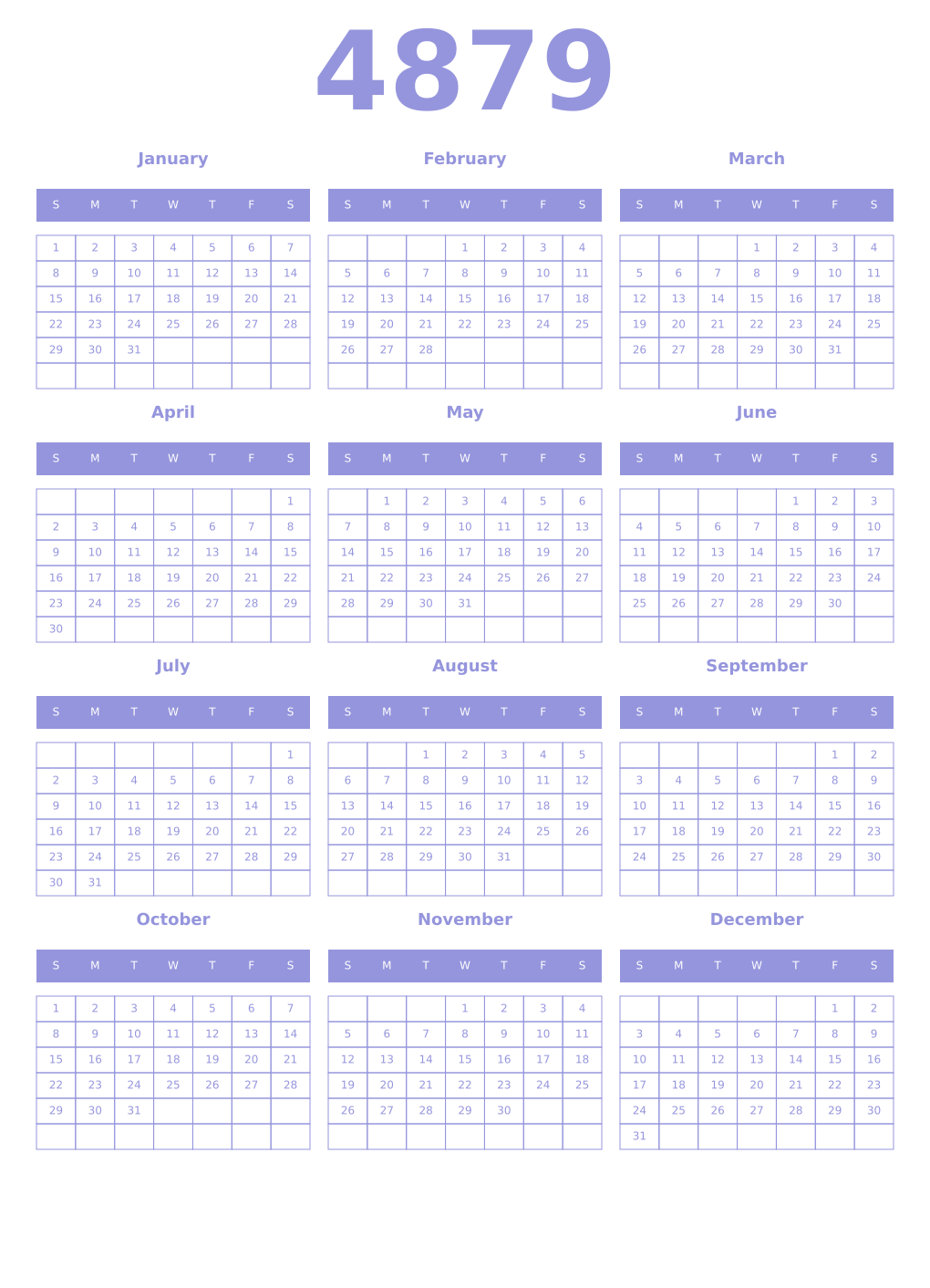 Printable 4879 Year Calendars periwinkle
