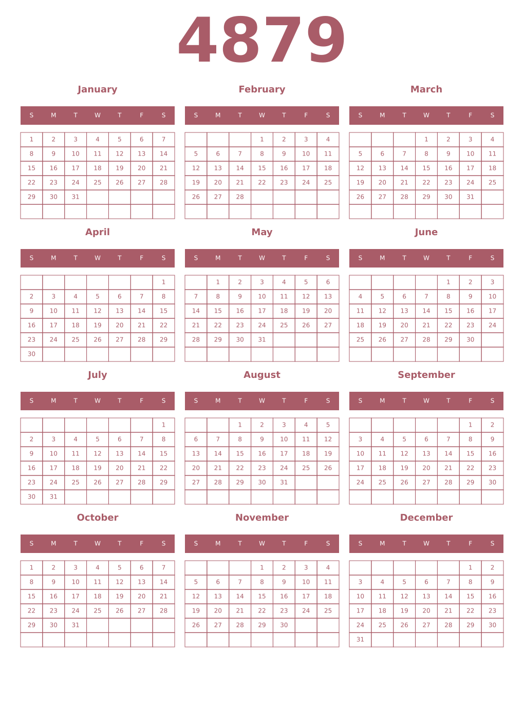 Printable 4879 Year Calendars puce