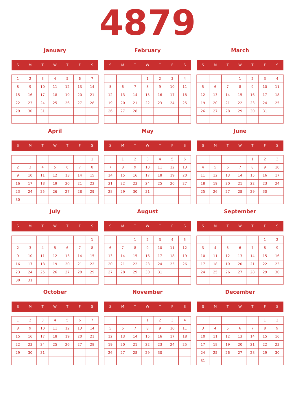 Printable 4879 Year Calendars red