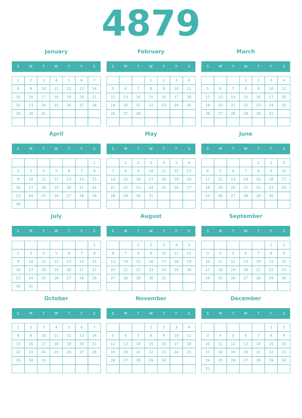 Printable 4879 Year Calendars verdigris