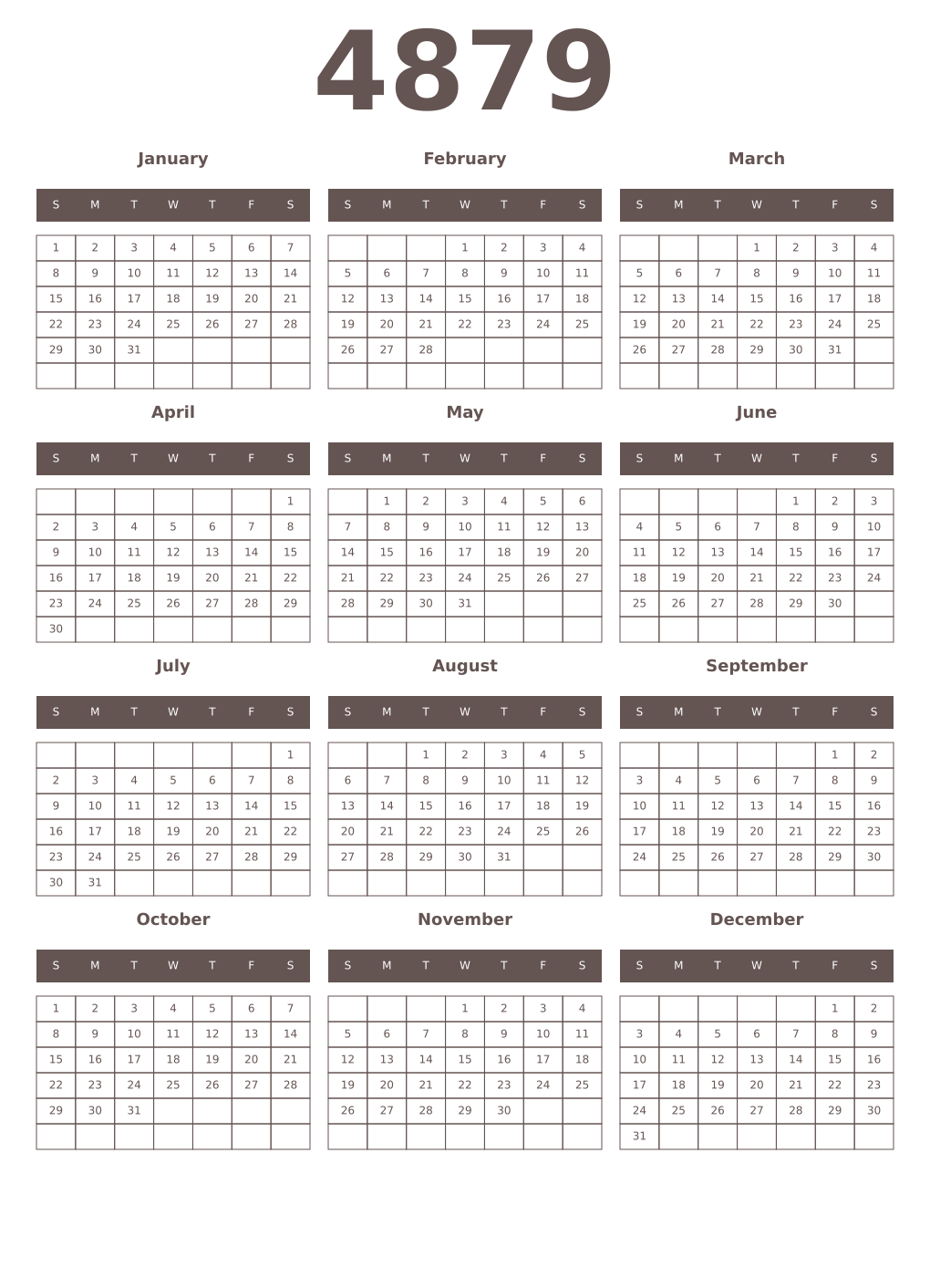 Printable 4879 Year Calendars wenge