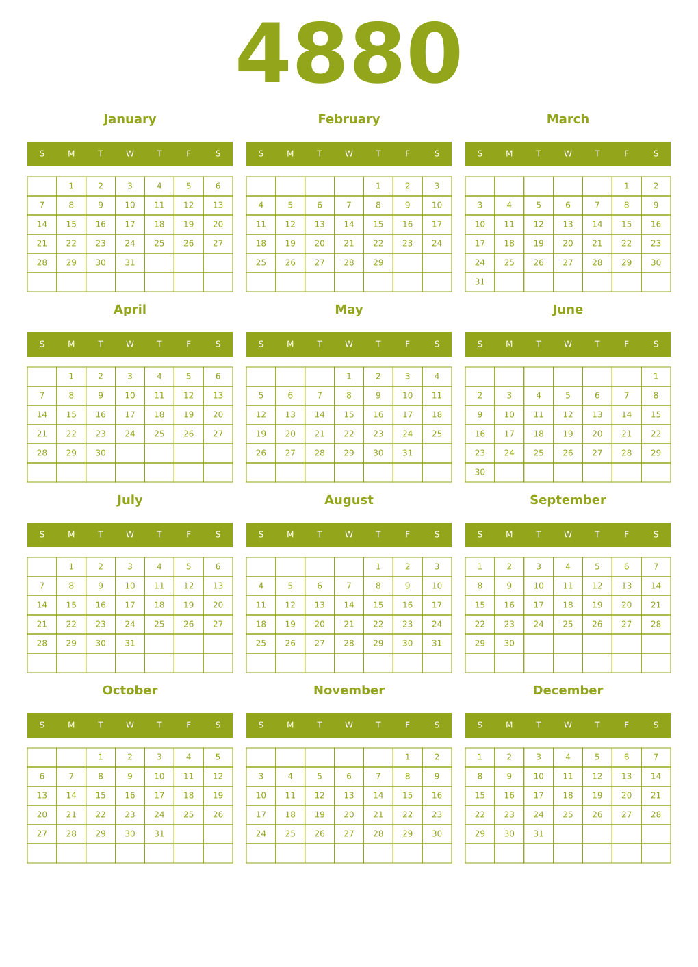 Printable 4880 Year Calendars chartreuse
