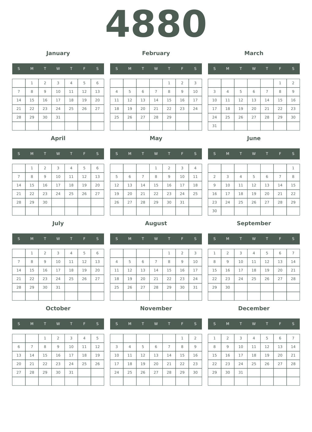 Printable 4880 Year Calendars feldgrau
