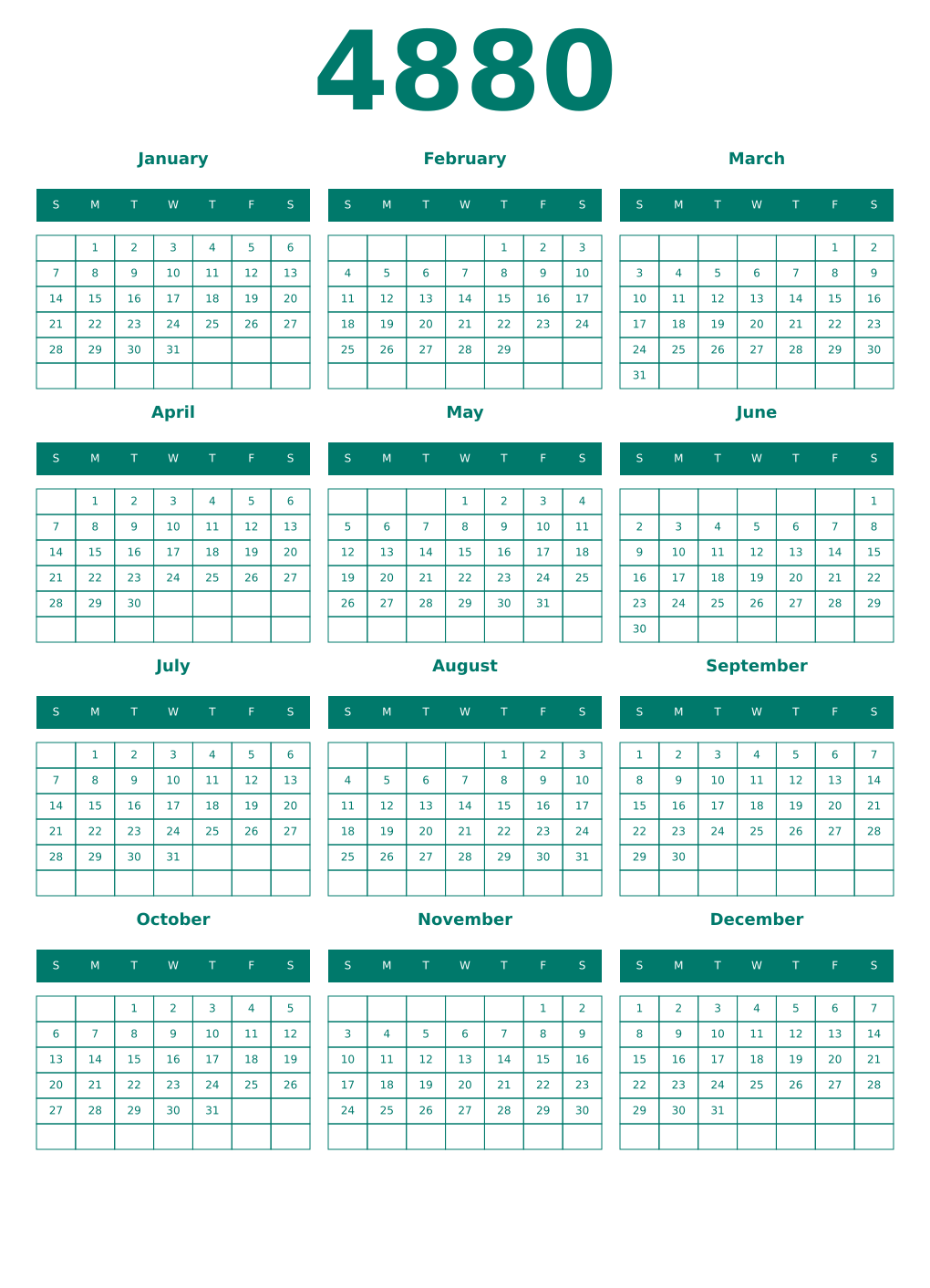Printable 4880 Year Calendars pastel