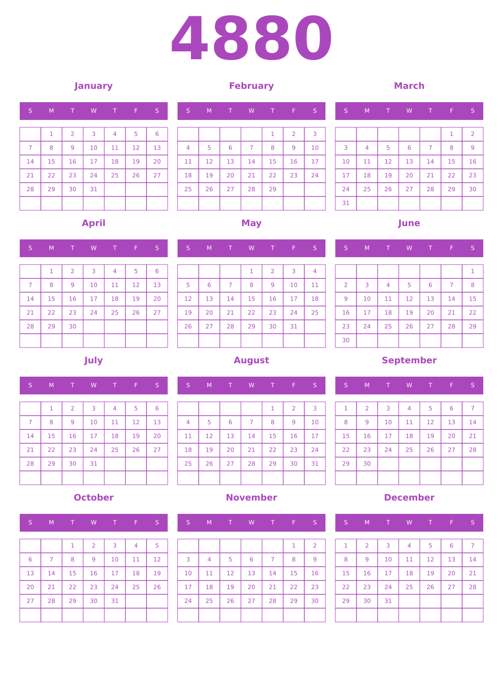 Printable 4880 Year Calendars purple