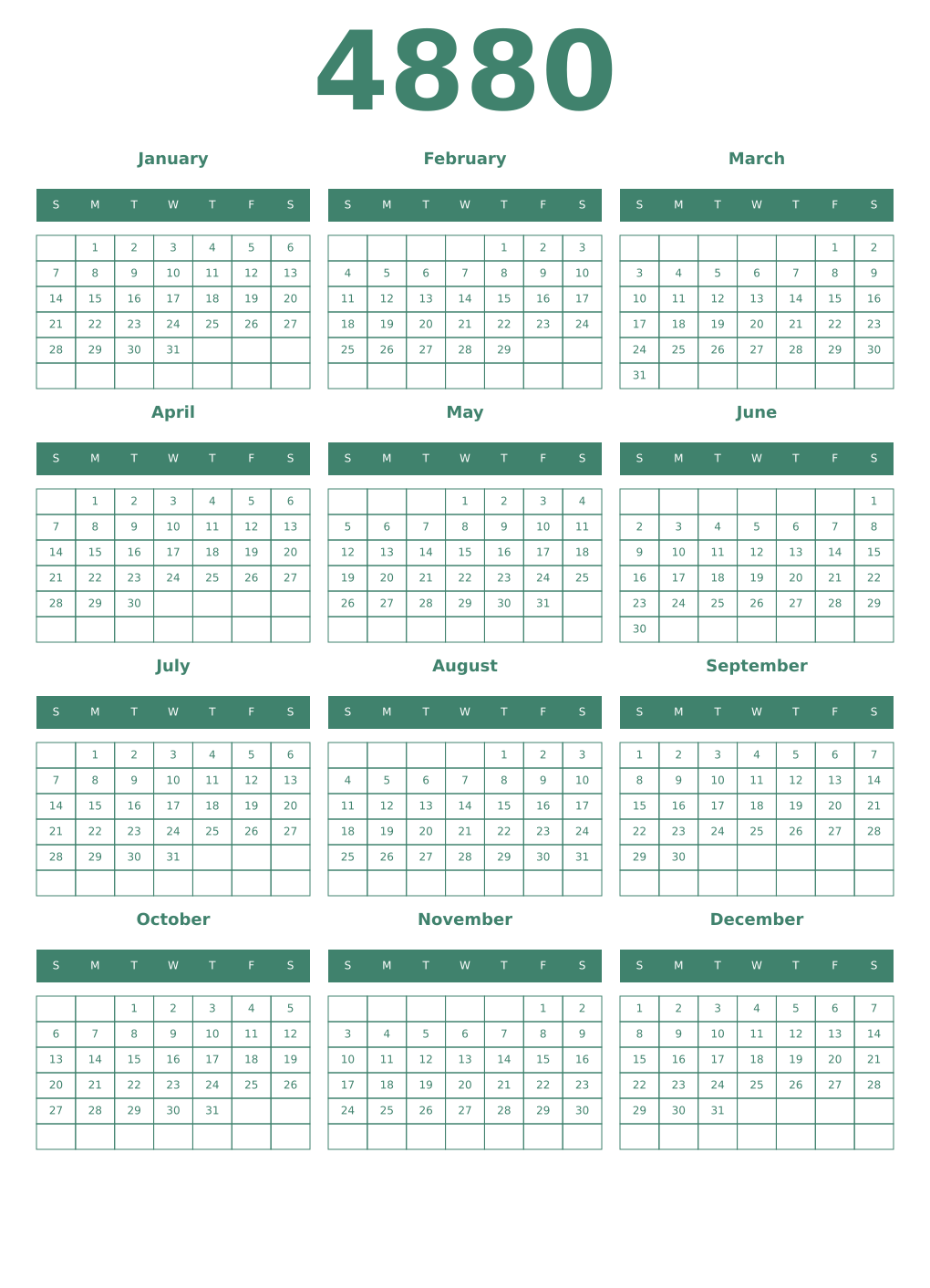 Printable 4880 Year Calendars viridian