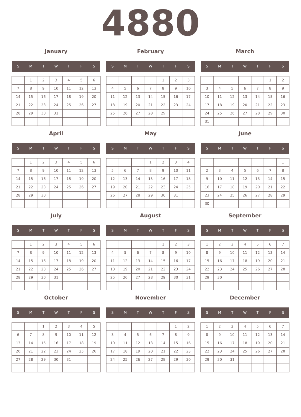 Printable 4880 Year Calendars wenge