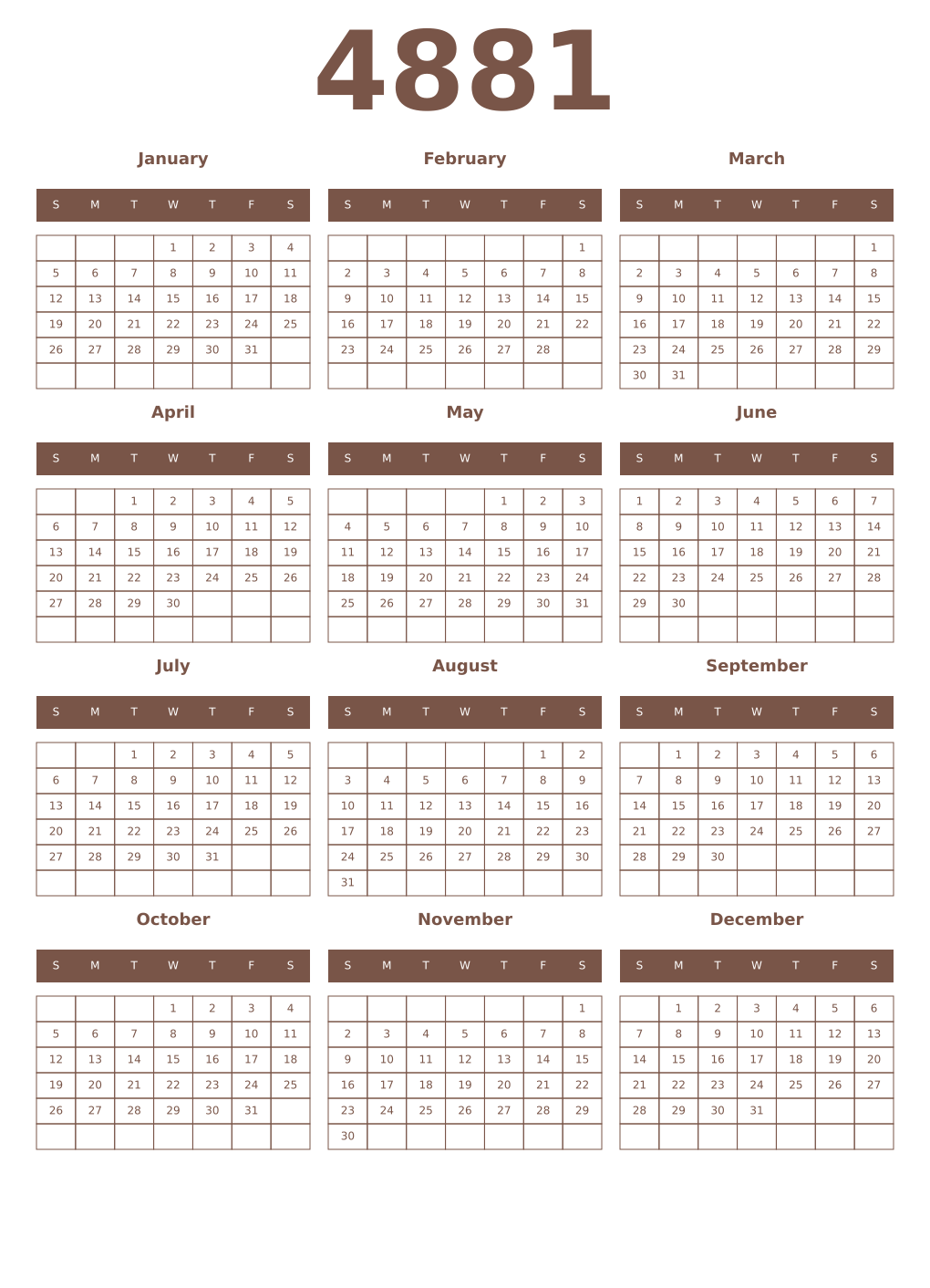 Printable 4881 Year Calendars coffe