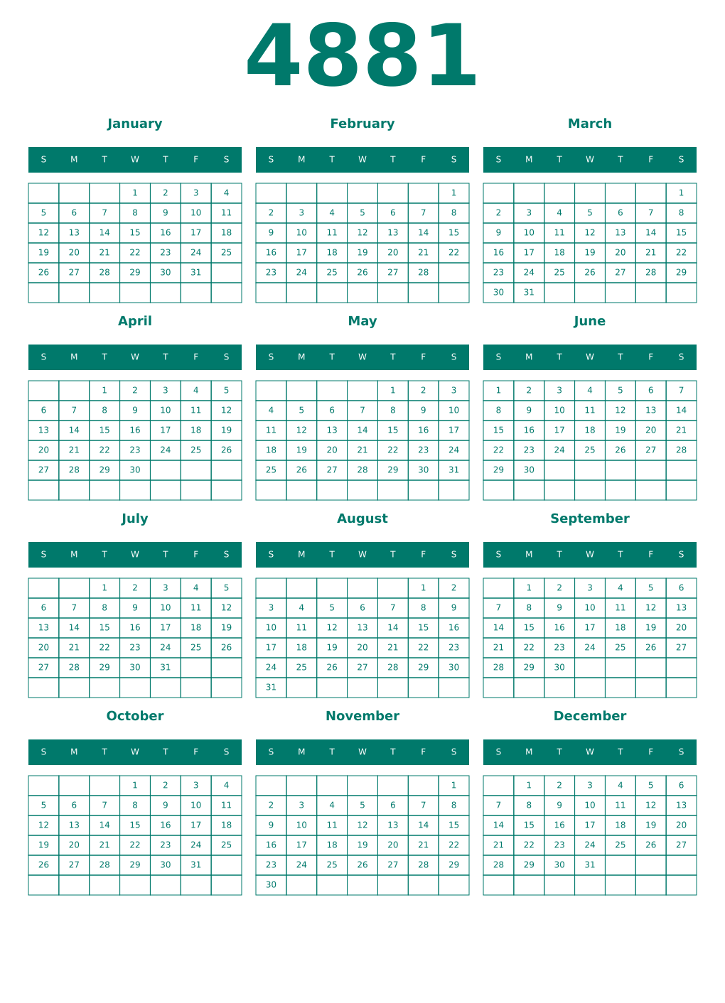 Printable 4881 Year Calendars pastel