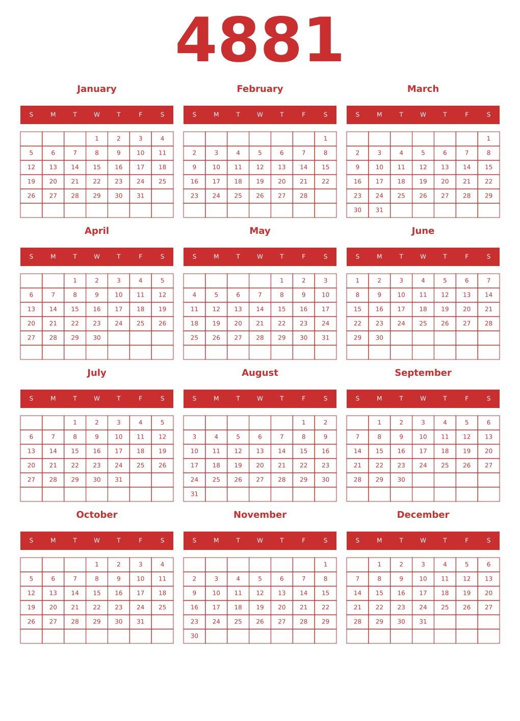 Printable 4881 Year Calendars red