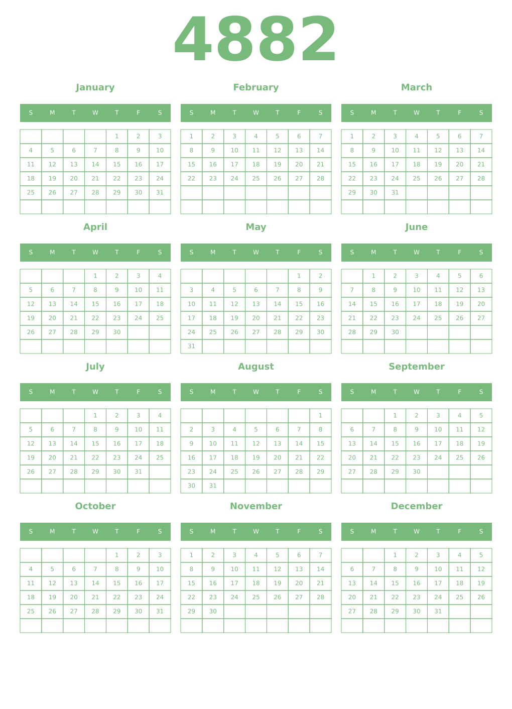 Printable 4882 Year Calendars celadon