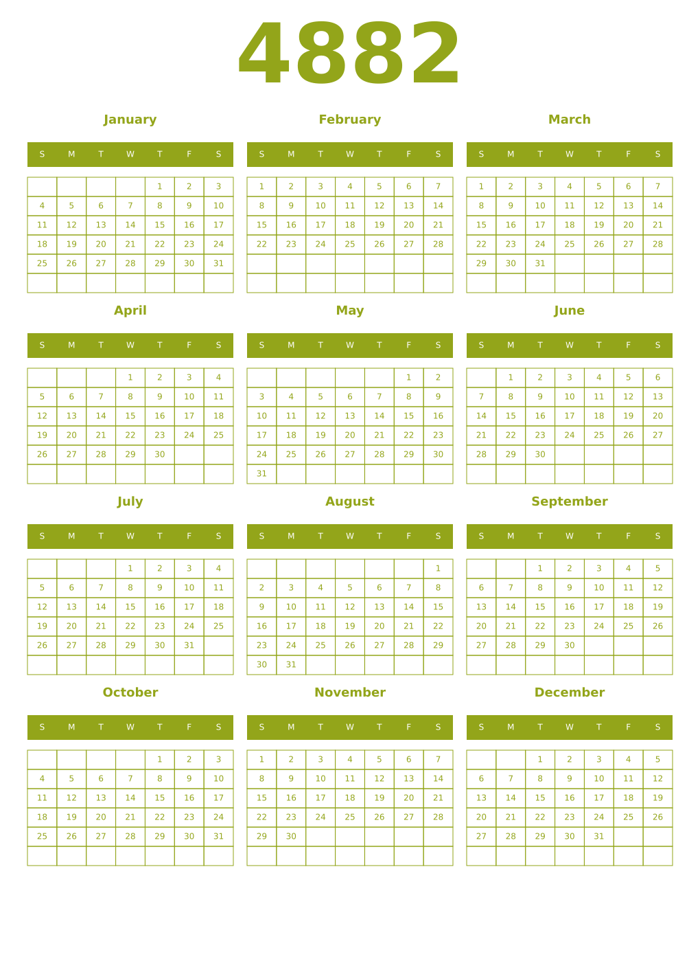 Printable 4882 Year Calendars chartreuse