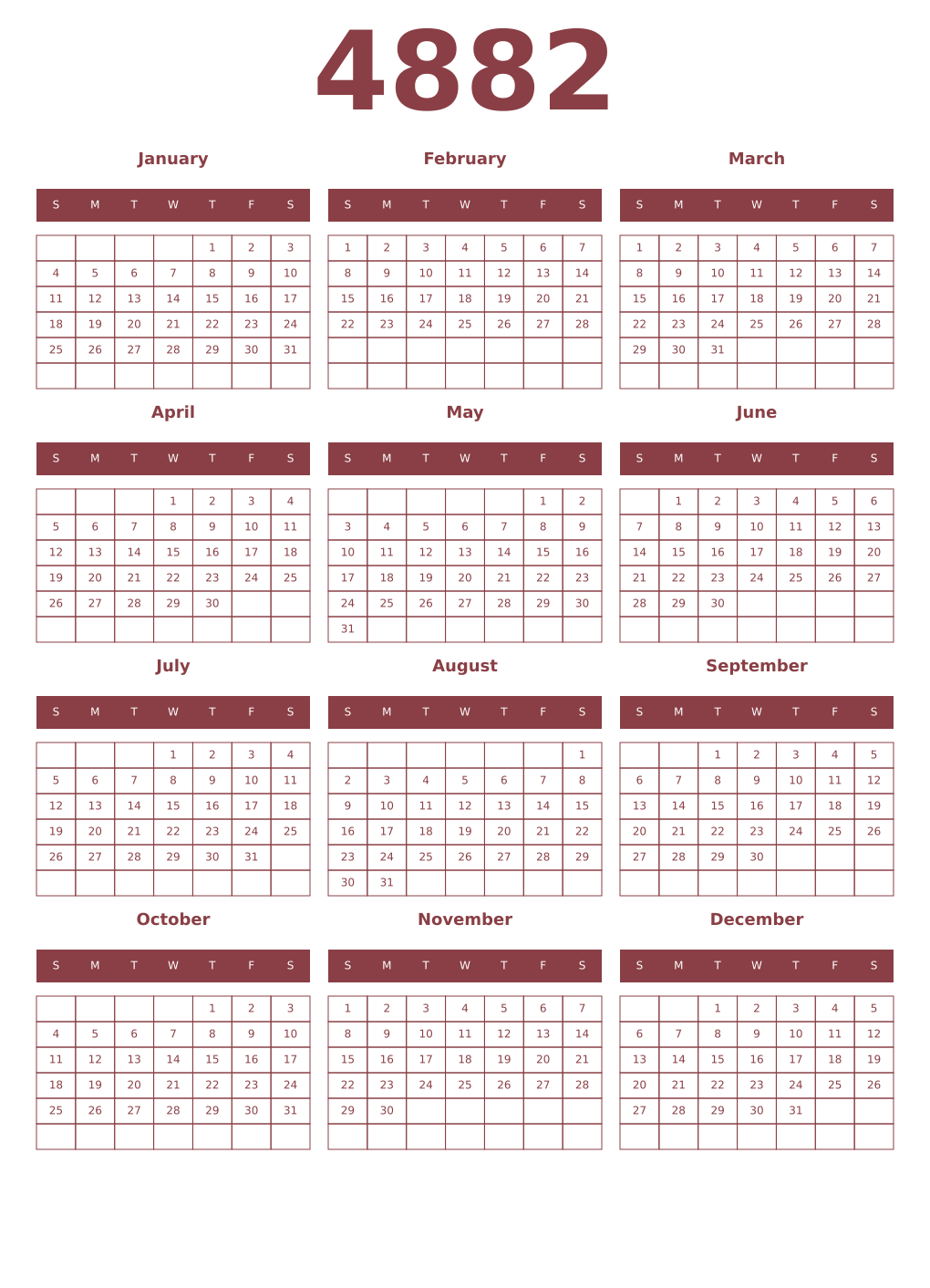 Printable 4882 Year Calendars cordovan