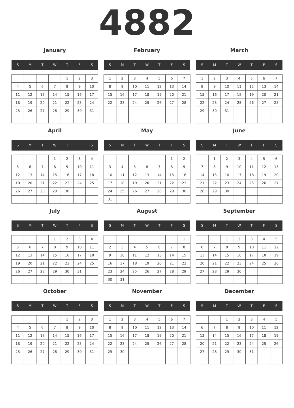 Printable 4882 Year Calendars dark