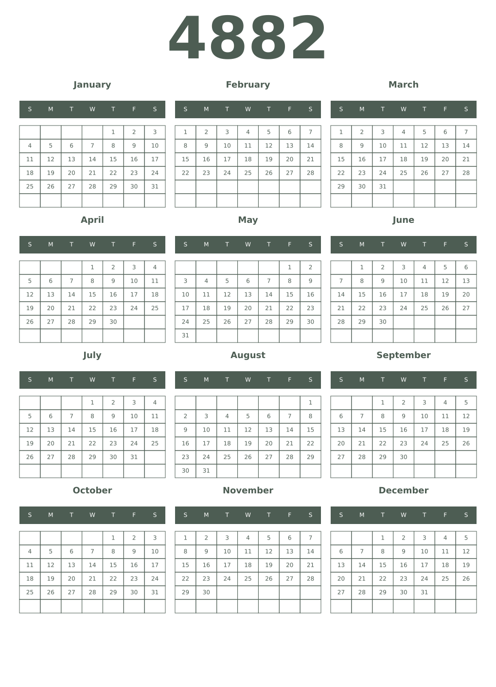 Printable 4882 Year Calendars feldgrau