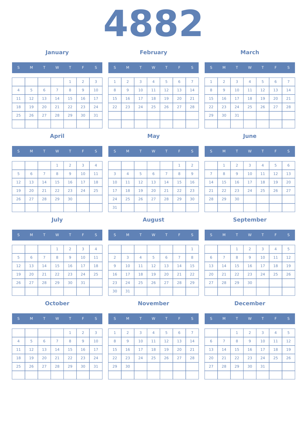 Printable 4882 Year Calendars glaucous