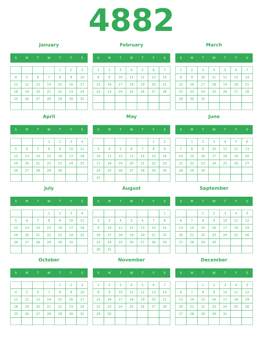 Printable 4882 Year Calendars green