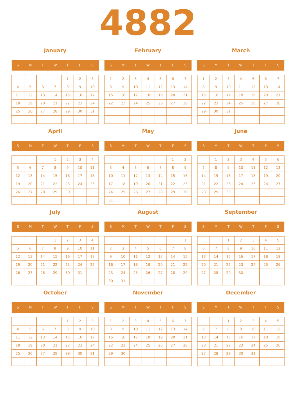 Printable 4882 Year Calendars orange