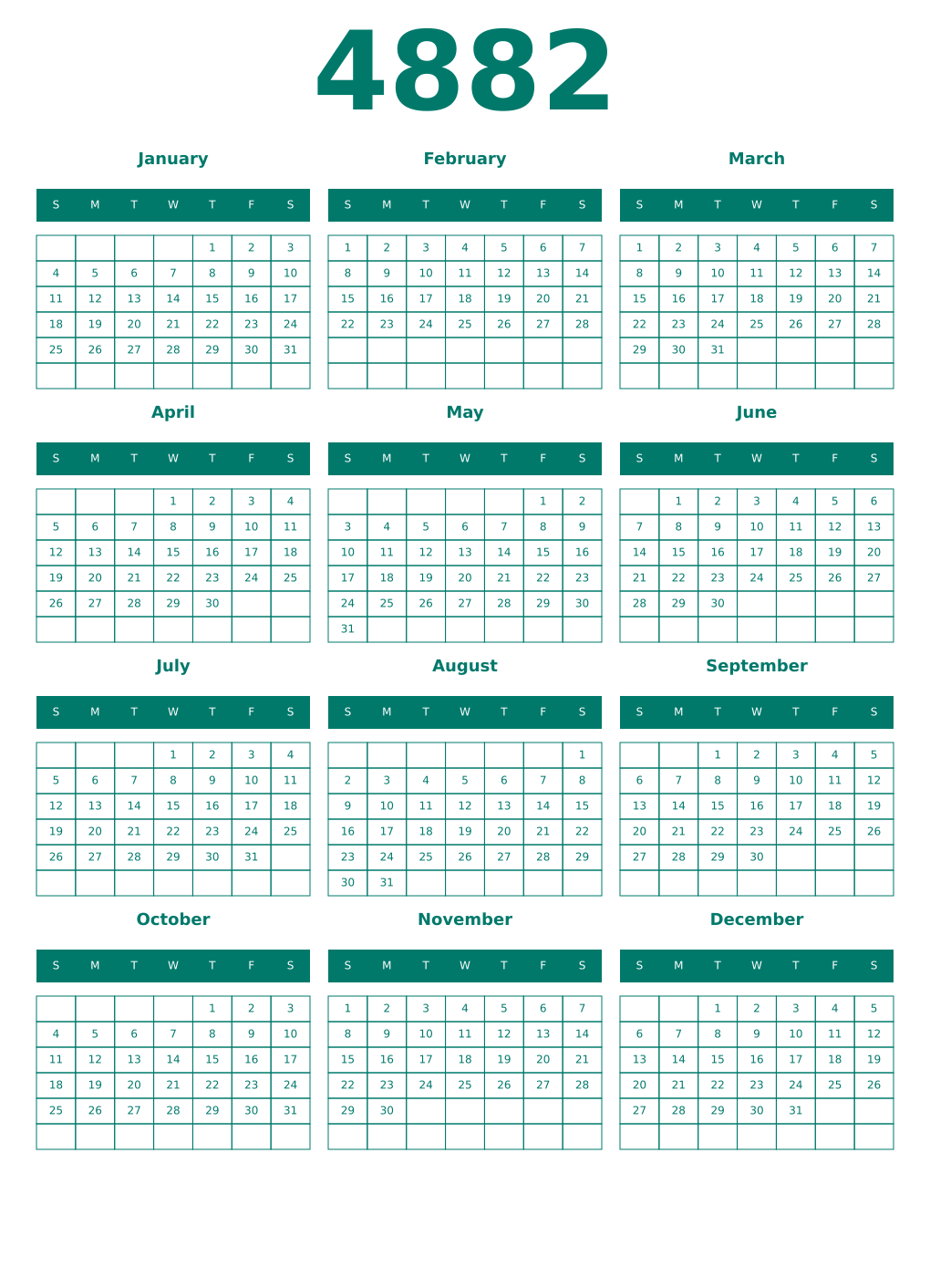 Printable 4882 Year Calendars pastel