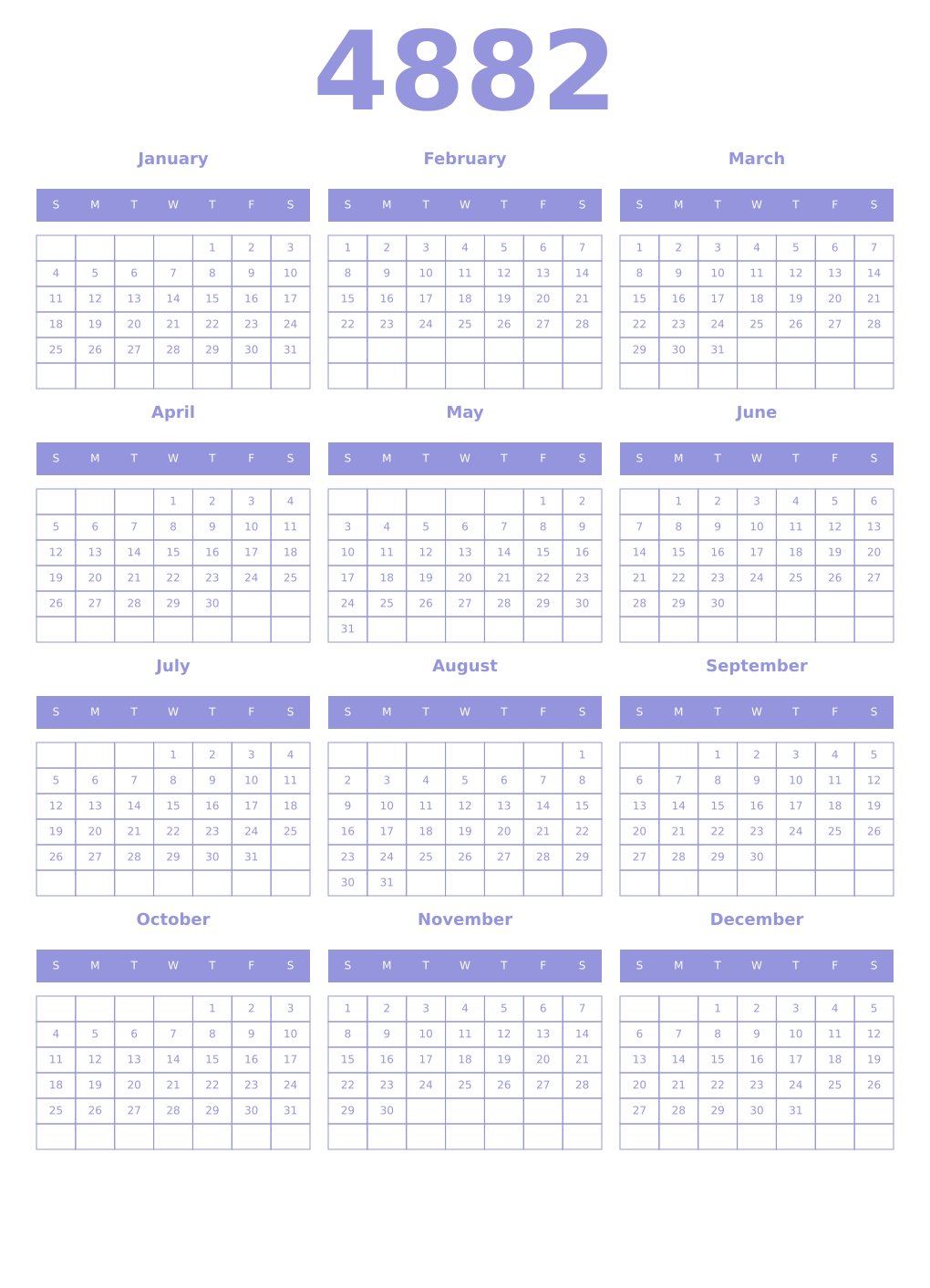 Printable 4882 Year Calendars periwinkle