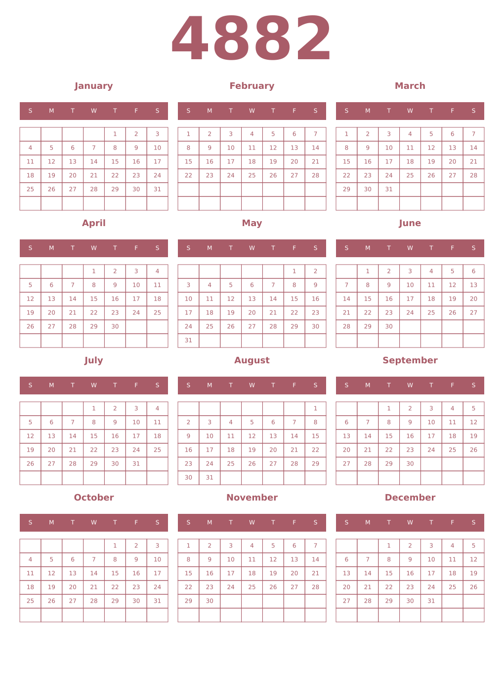 Printable 4882 Year Calendars puce