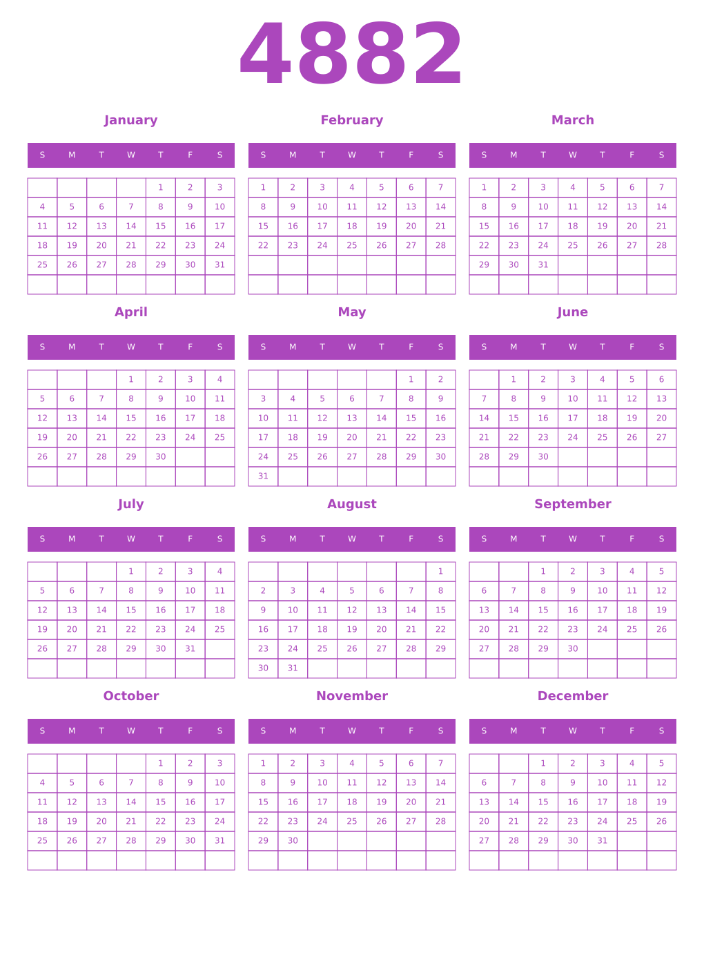 Printable 4882 Year Calendars purple