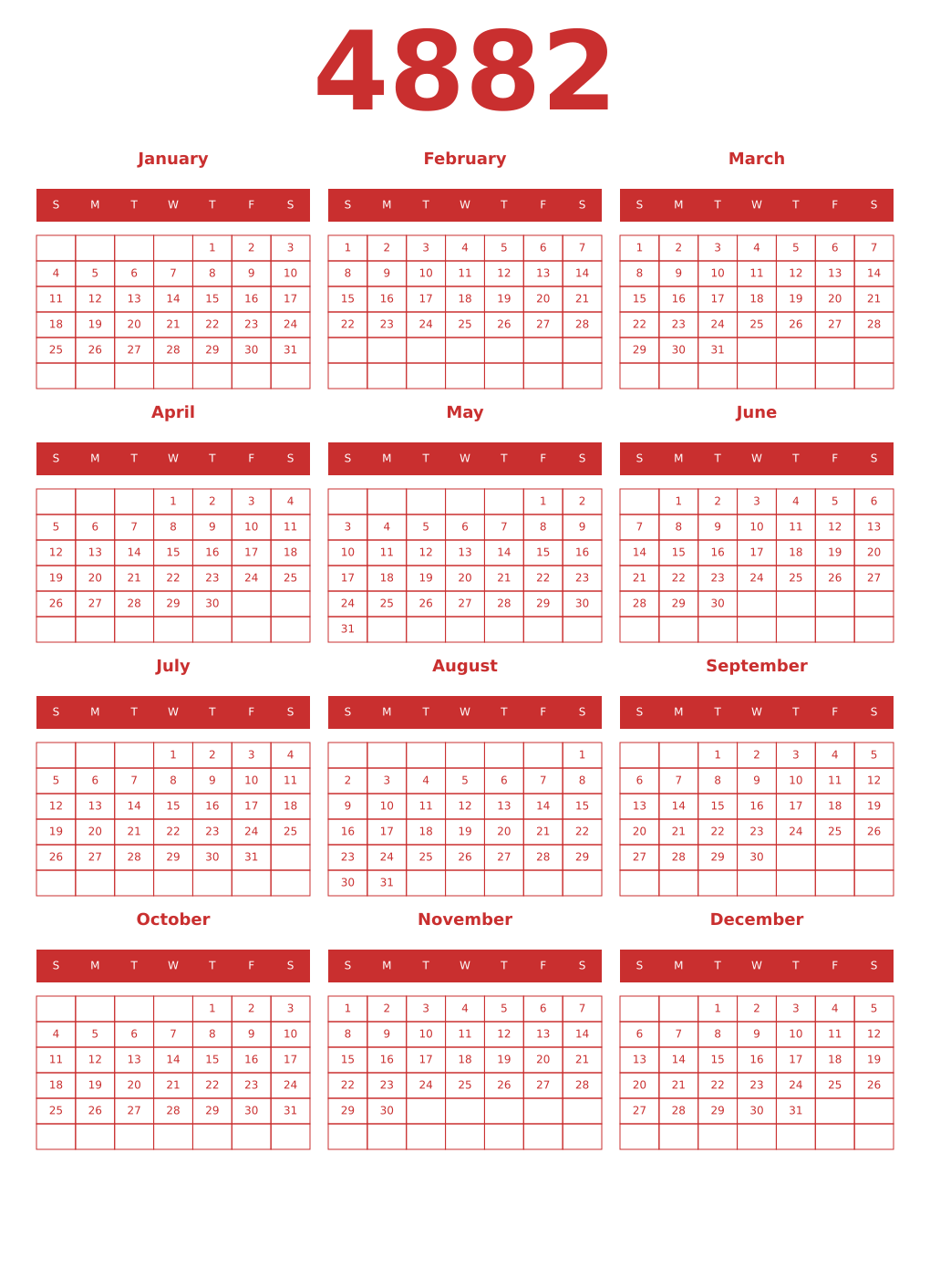 Printable 4882 Year Calendars red