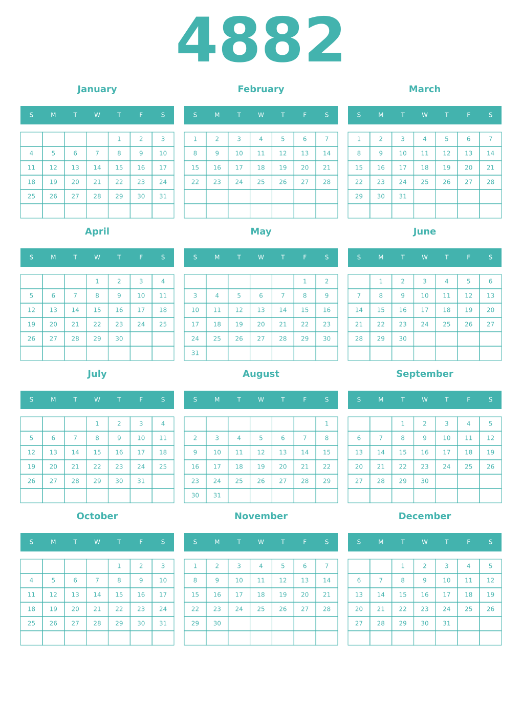 Printable 4882 Year Calendars verdigris