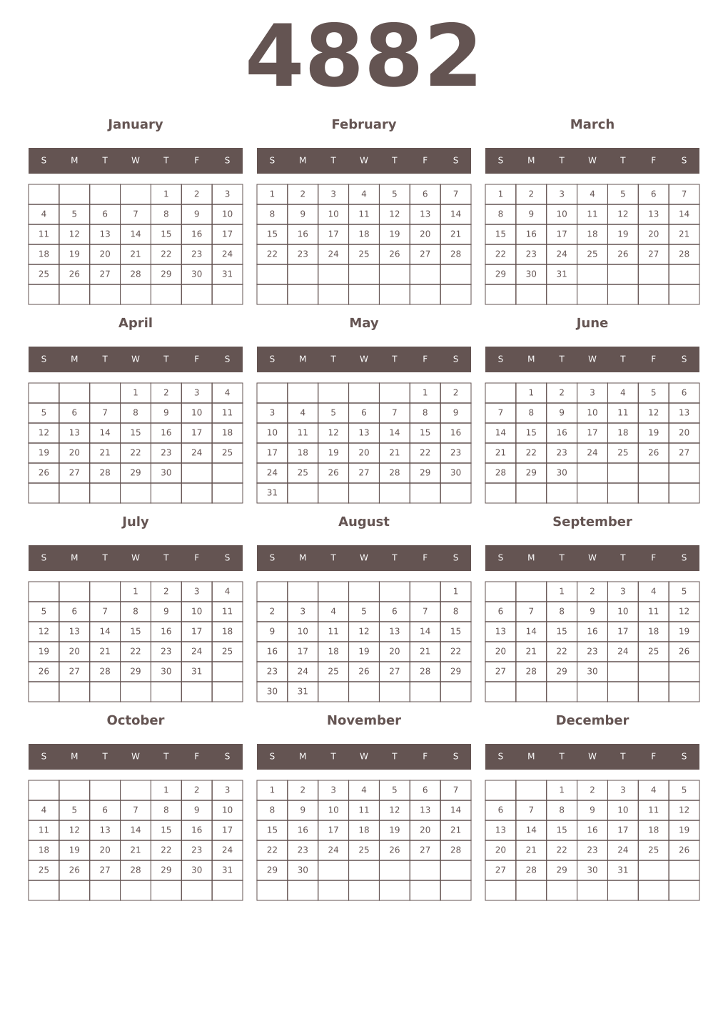 Printable 4882 Year Calendars wenge