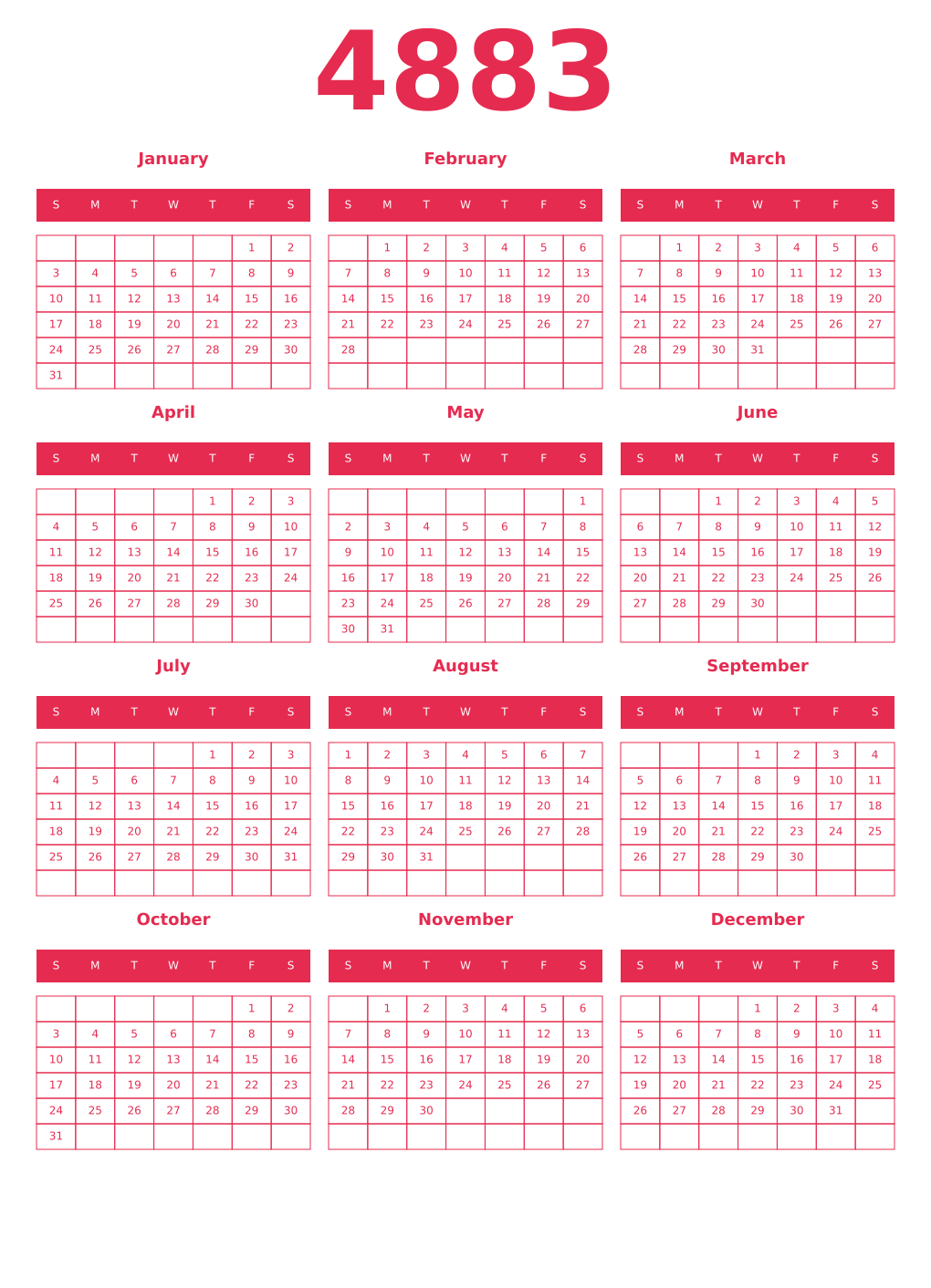 Printable 4883 Year Calendars amaranth
