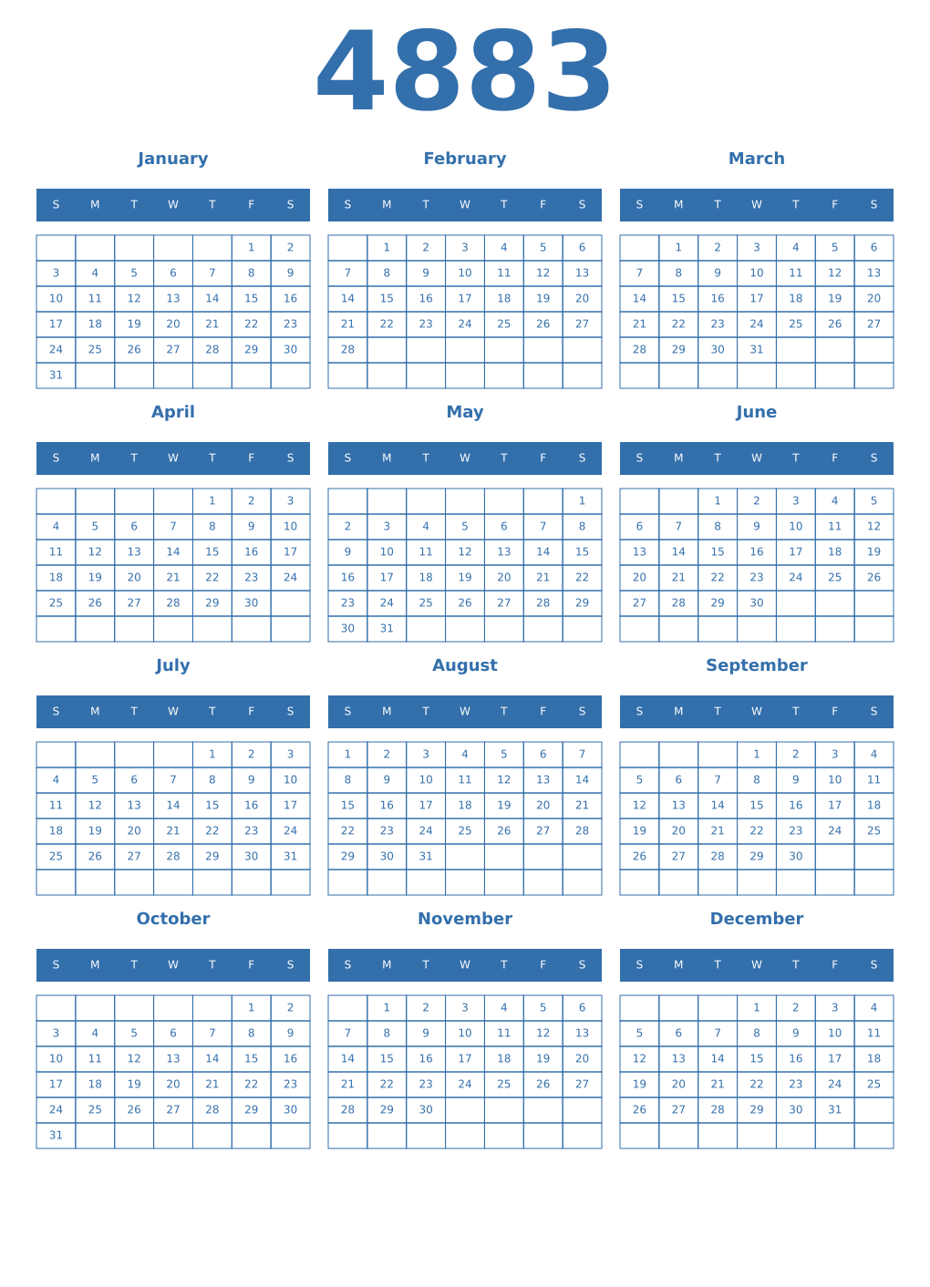 Printable 4883 Year Calendars blue