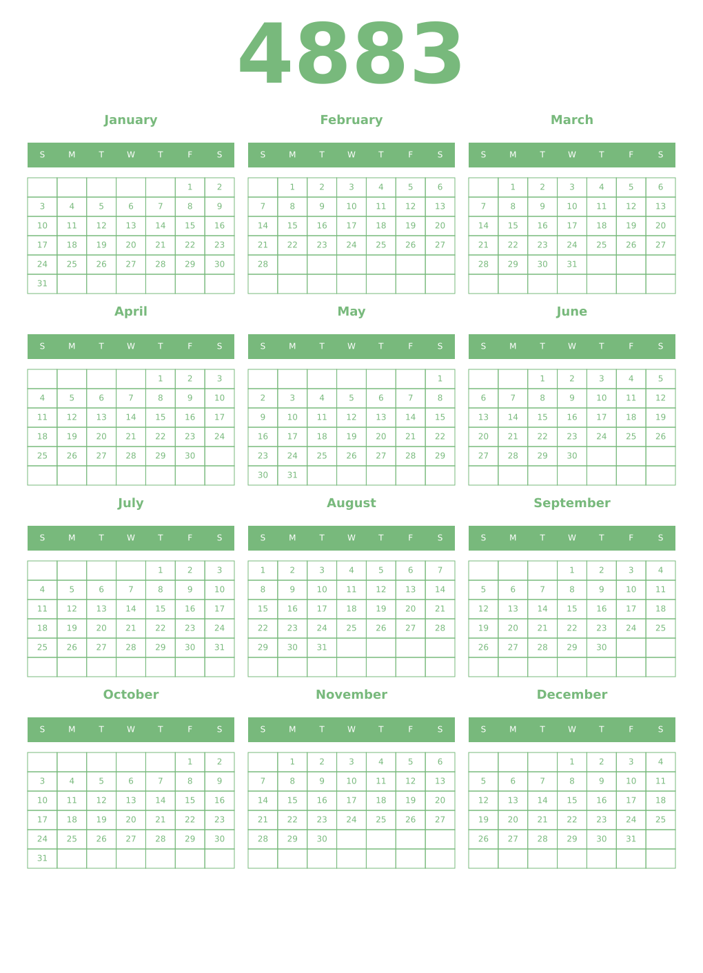 Printable 4883 Year Calendars celadon