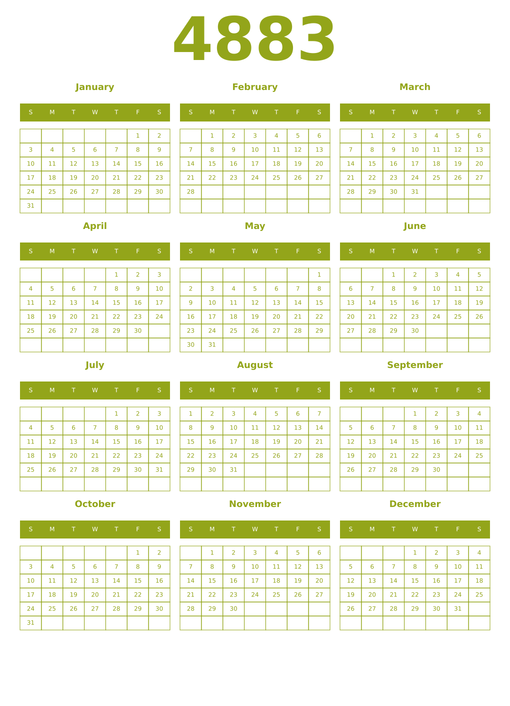 Printable 4883 Year Calendars chartreuse
