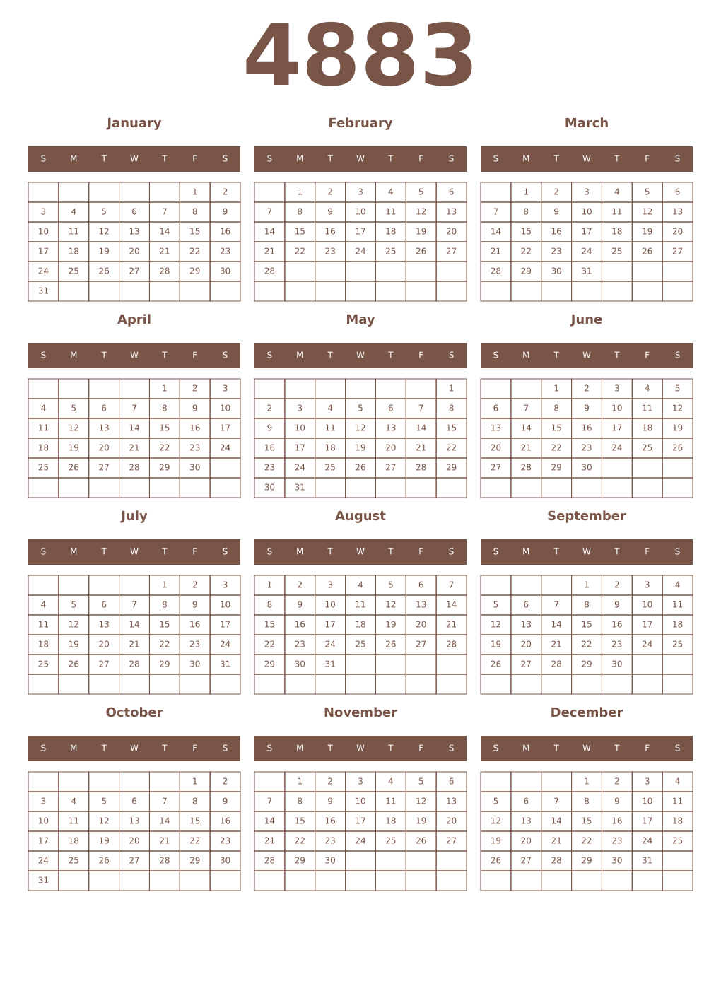 Printable 4883 Year Calendars coffe