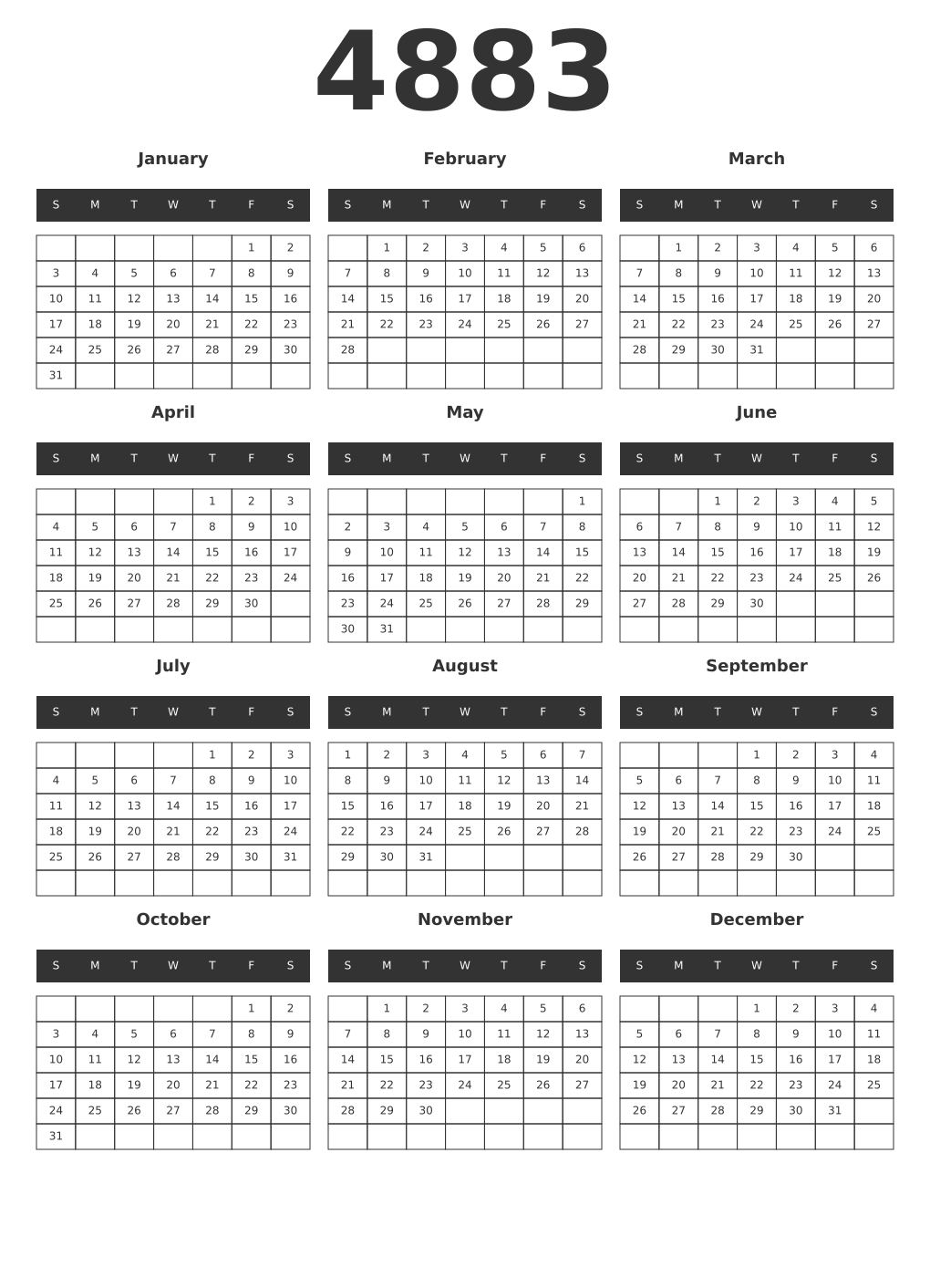 Printable 4883 Year Calendars dark