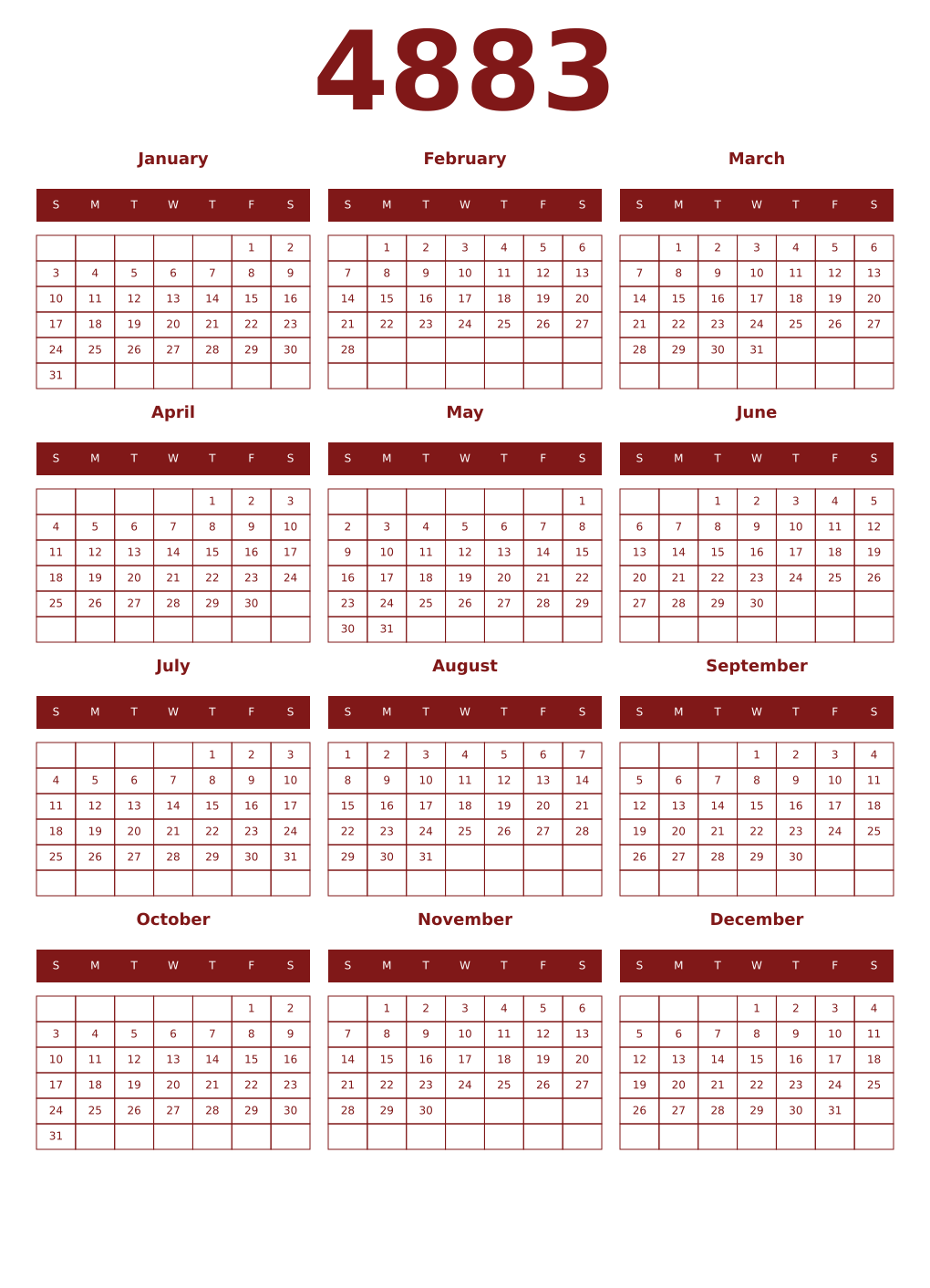 Printable 4883 Year Calendars falu