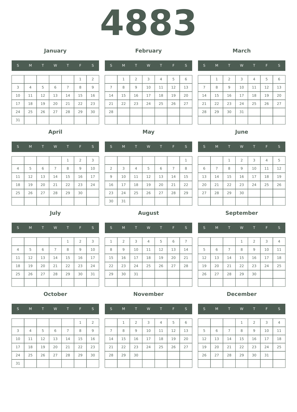 Printable 4883 Year Calendars feldgrau