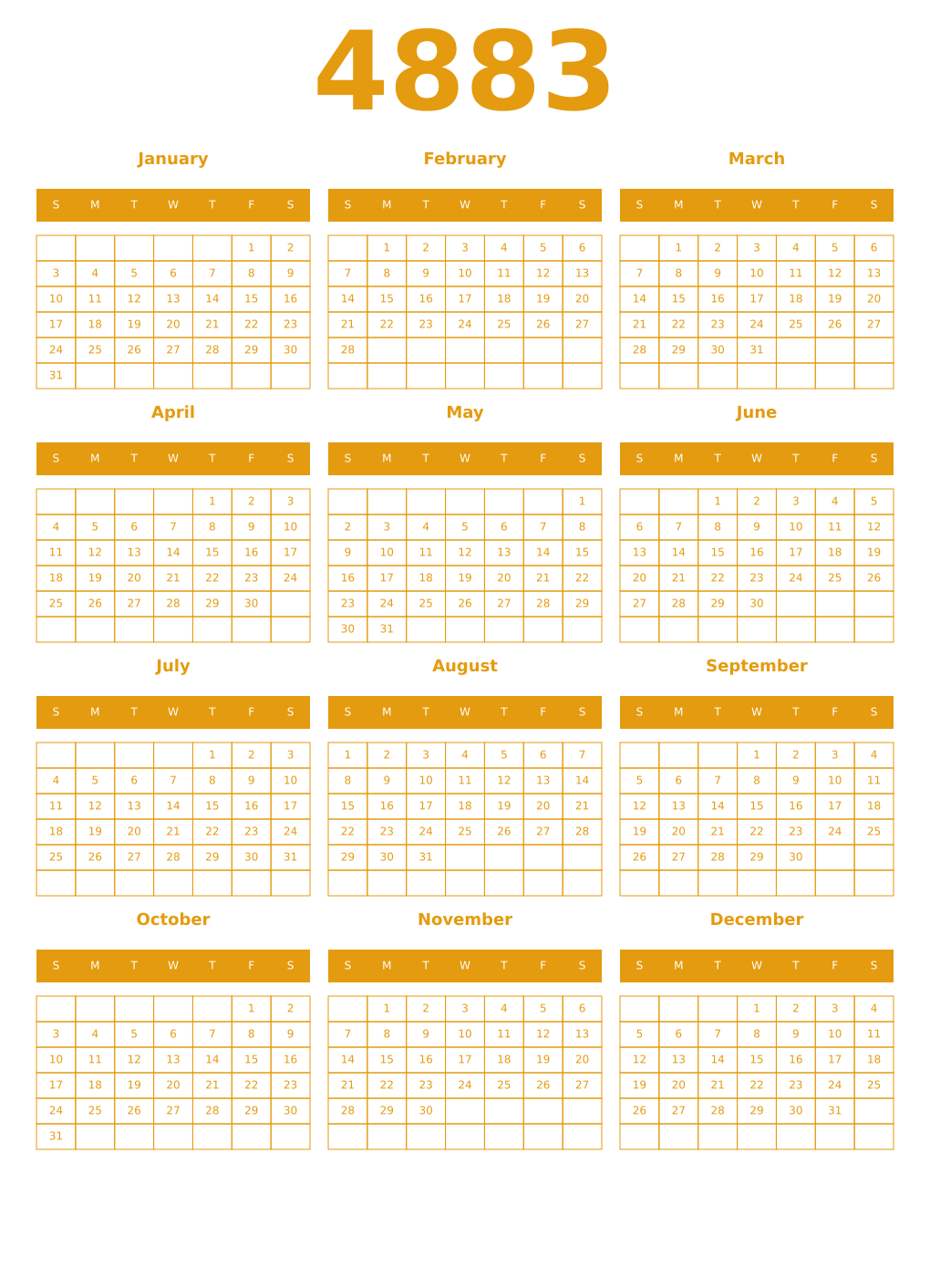 Printable 4883 Year Calendars gamboge