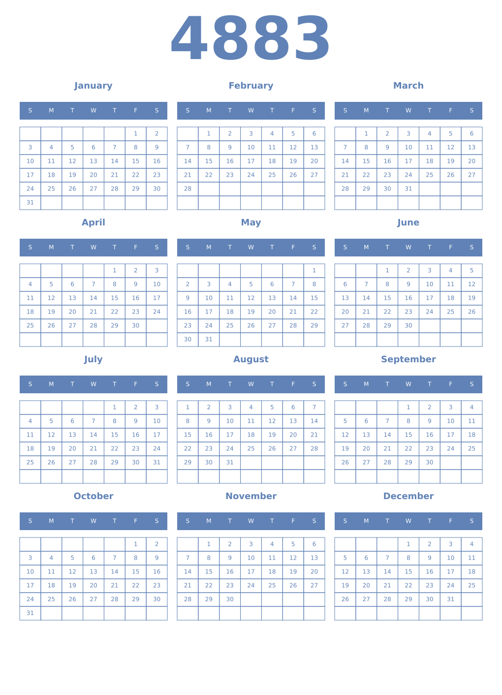 Printable 4883 Year Calendars glaucous