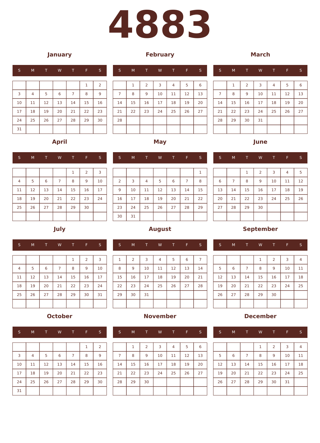 Printable 4883 Year Calendars mortuum