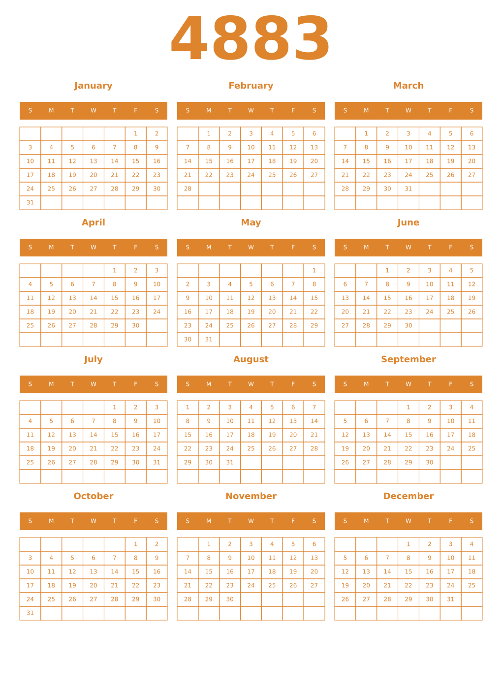 Printable 4883 Year Calendars orange