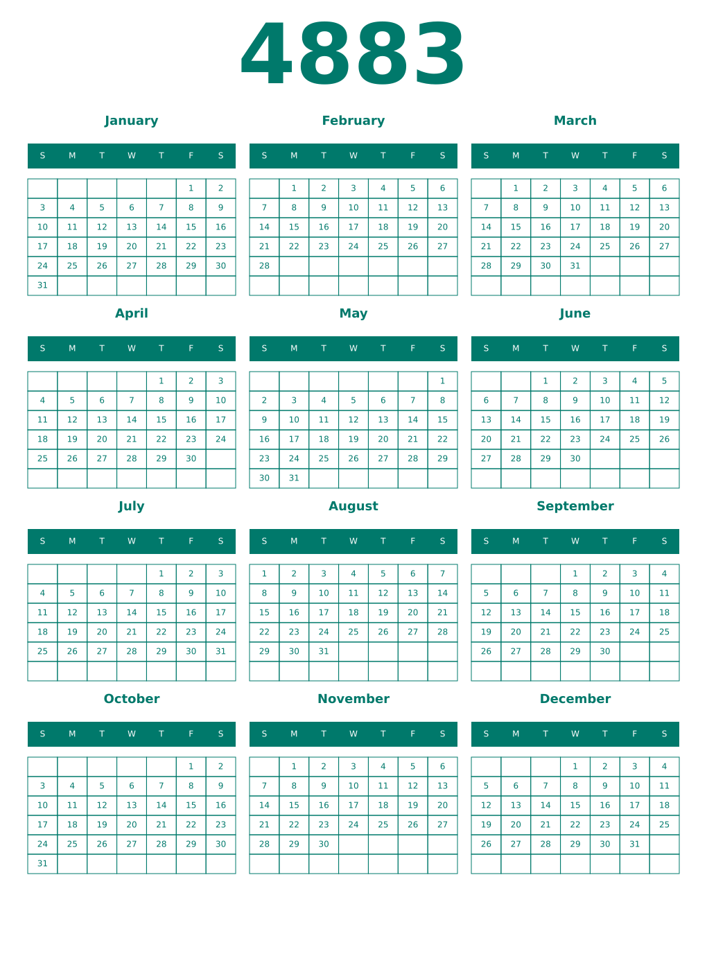 Printable 4883 Year Calendars pastel