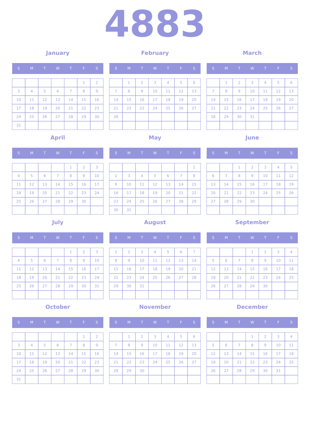 Printable 4883 Year Calendars periwinkle