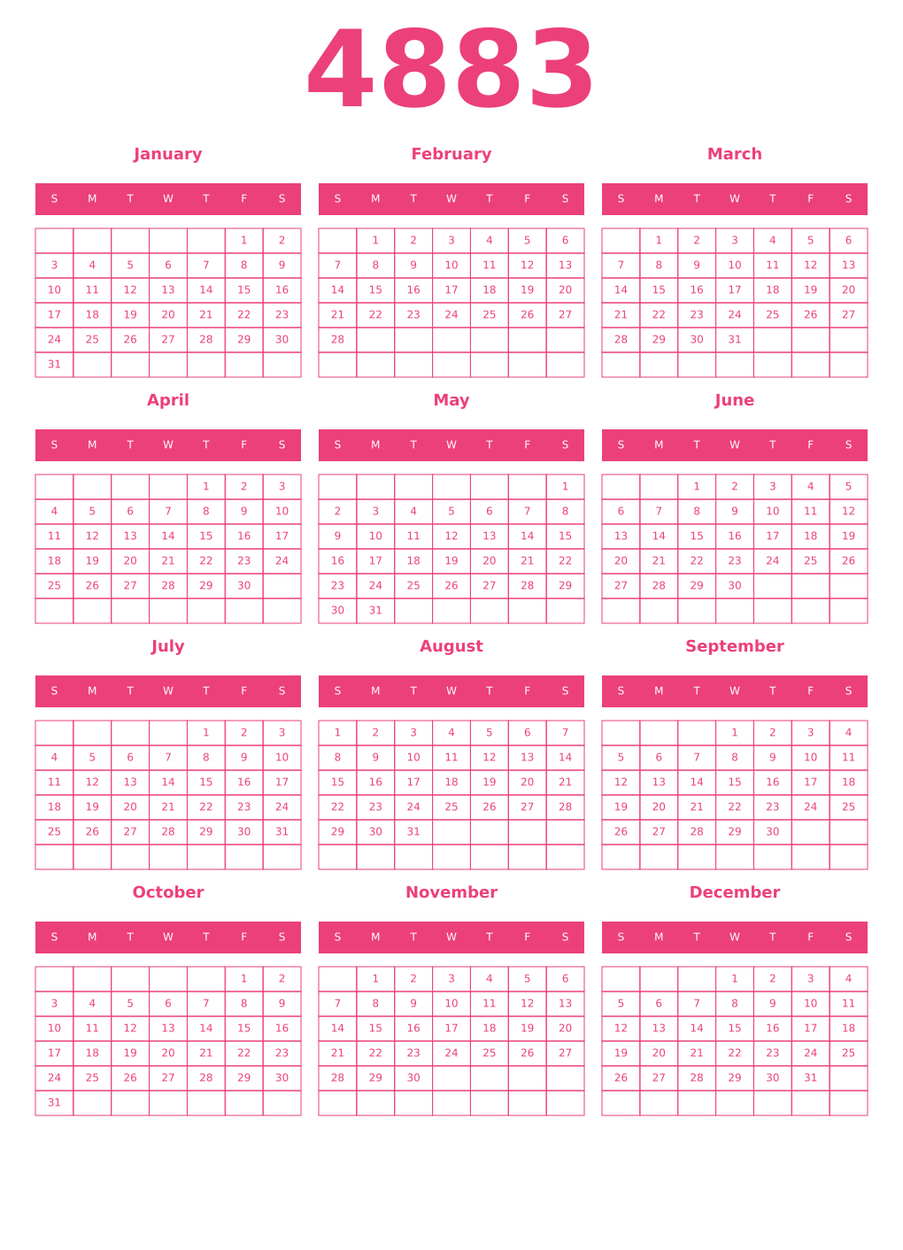 Printable 4883 Year Calendars pink