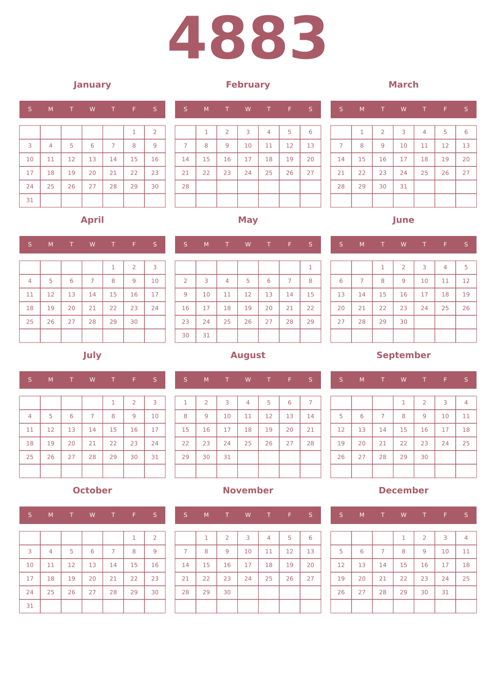 Printable 4883 Year Calendars puce